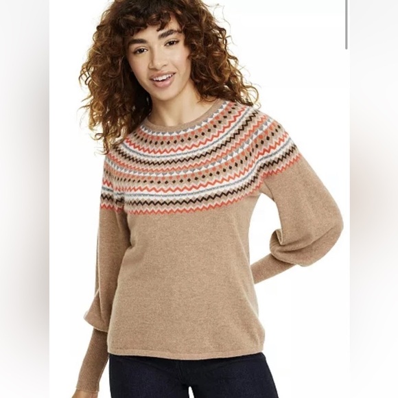 Charter Club Fair Isle Balloon-Sleeve Cashmere Sweater Heather Carmel Medium - Picture 2 of 11